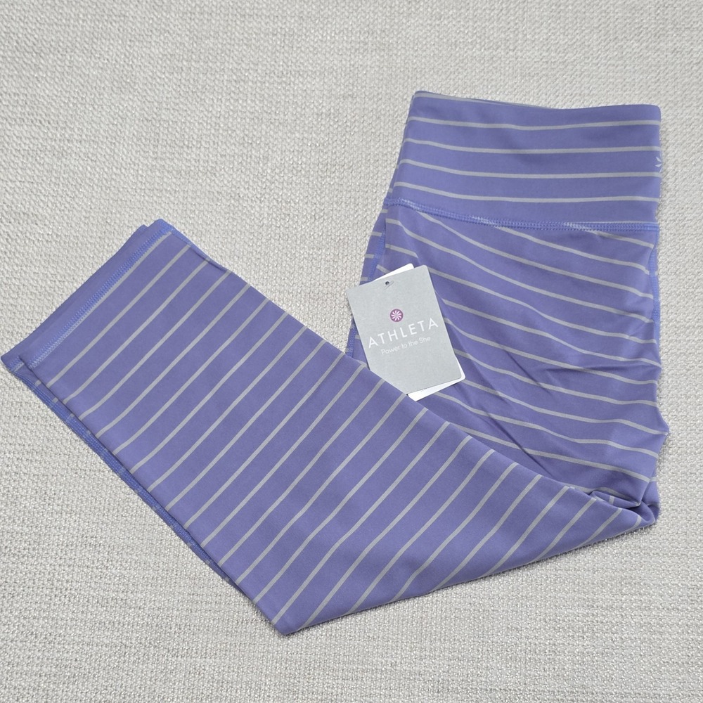 Athleta Chaturanga Capri Leggings Womens Large Purple Gray Stripe Stretch Low
